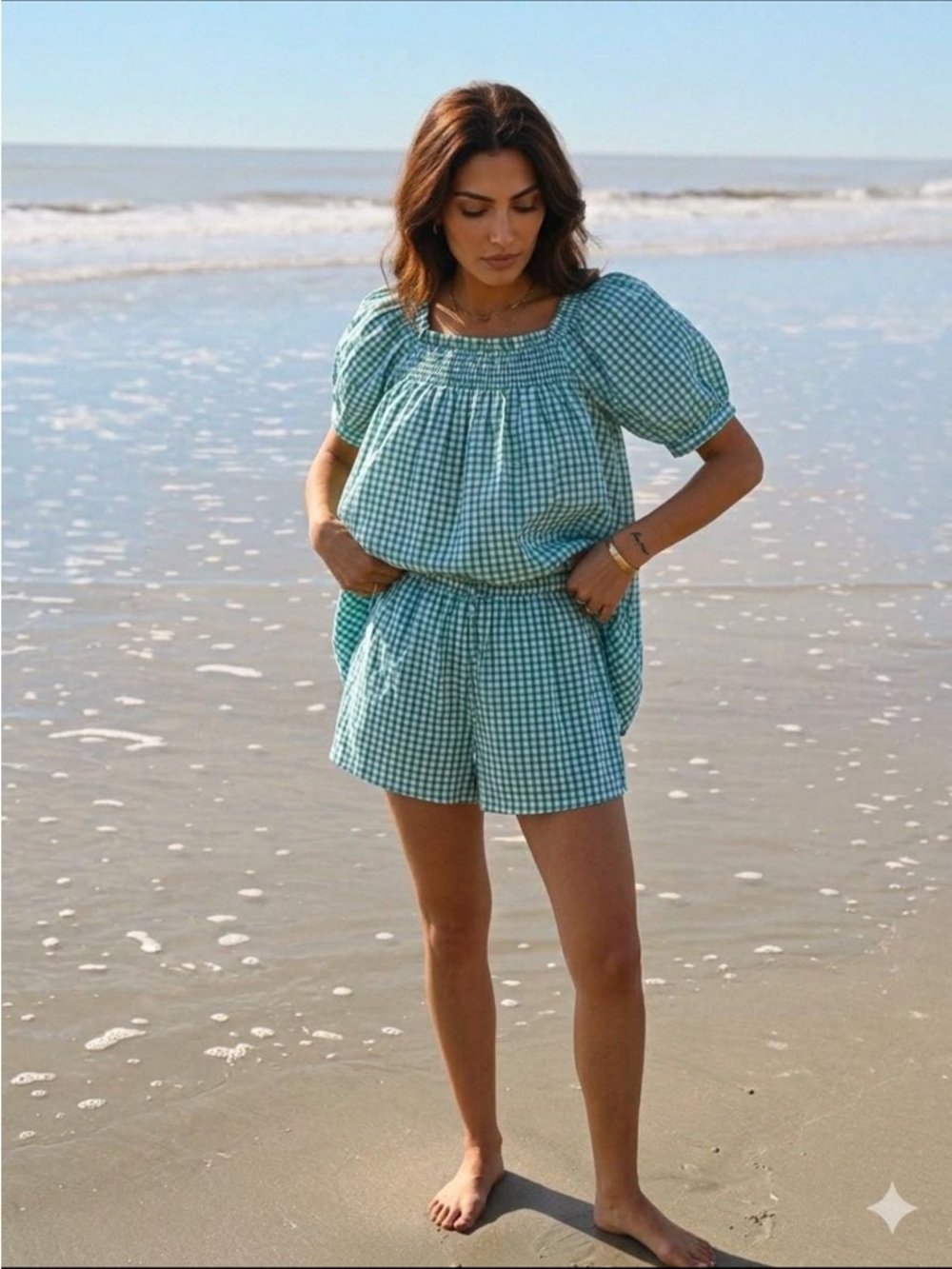 Green Blue Gingham Puff-Sleeve Top & Shorts Set Coordinating Set